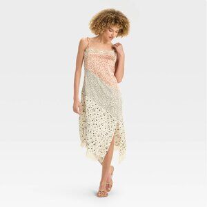Future Collective XS Womens Midi Slip Dress Lace Trim Floral Cream